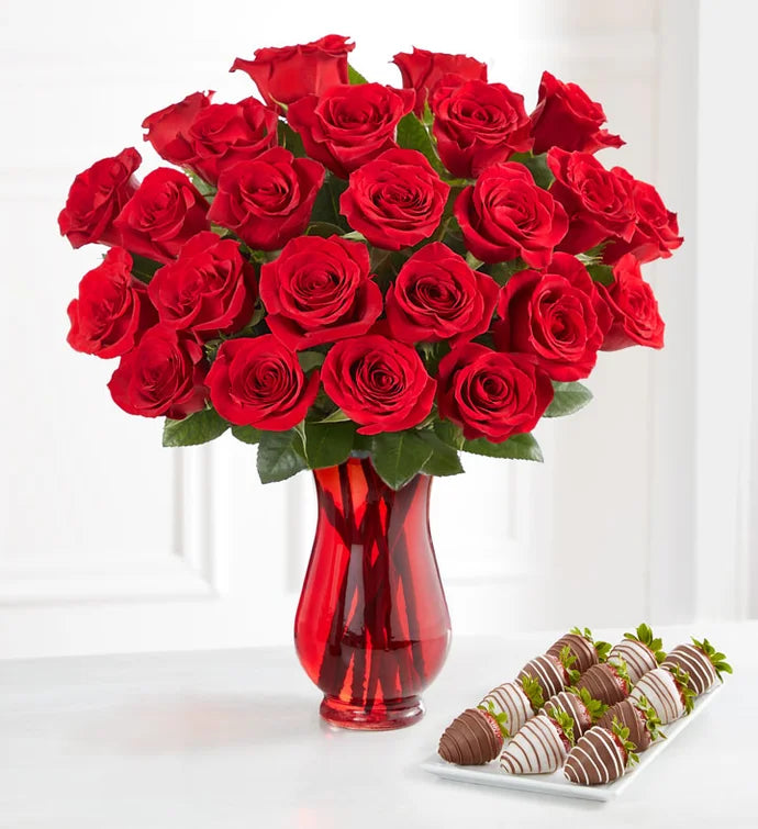 Drizzled Strawberries & Two Dozen Red Roses